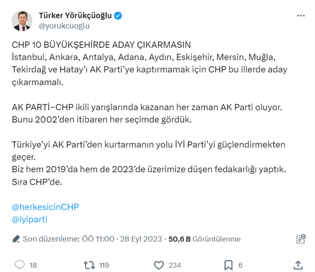 İYİ Parti'den CHP'ye: 10 büyükşehirde aday çıkarmayın! İşte İYİ Parti'nin istediği o şehirler... - Resim: 0