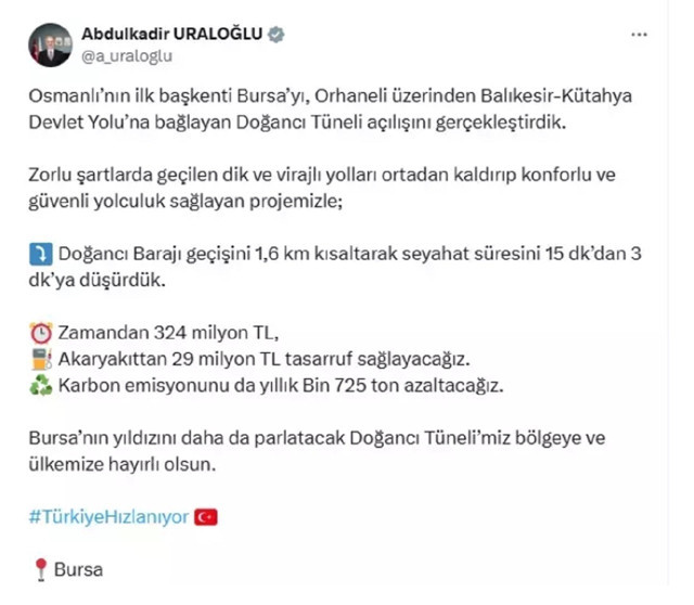 Doğancı Tüneli açıldı: 15 dakikalık yol 3 dakikaya indi - Resim: 0