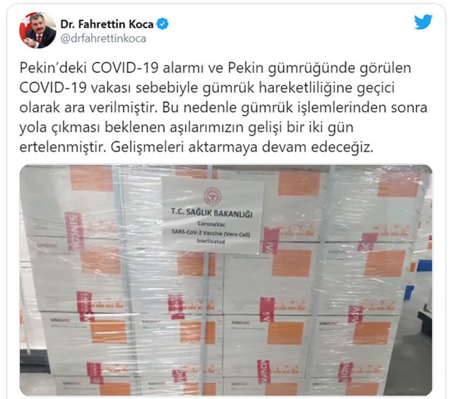Çin'den alınan koronavirüs aşılarının Türkiye'ye gelişi ertelendi - Resim: 0