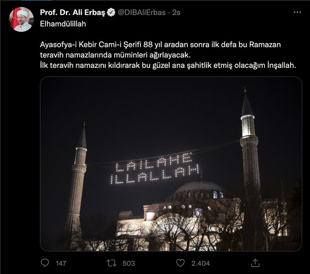Ayasofya'da 88 yıl aradan sonra ilk teravih namazı kılınacak! İlk teravihi Ali Erbaş kıldıracak - Resim: 0