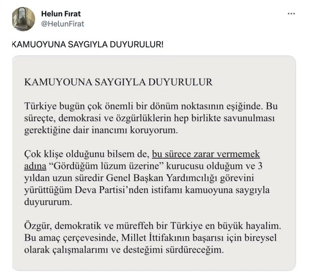 DEVA Partisi'nde şok istifa! Genel Başkan Yardımcısı Helün Fırat gece yarısı bıraktı - Resim: 1
