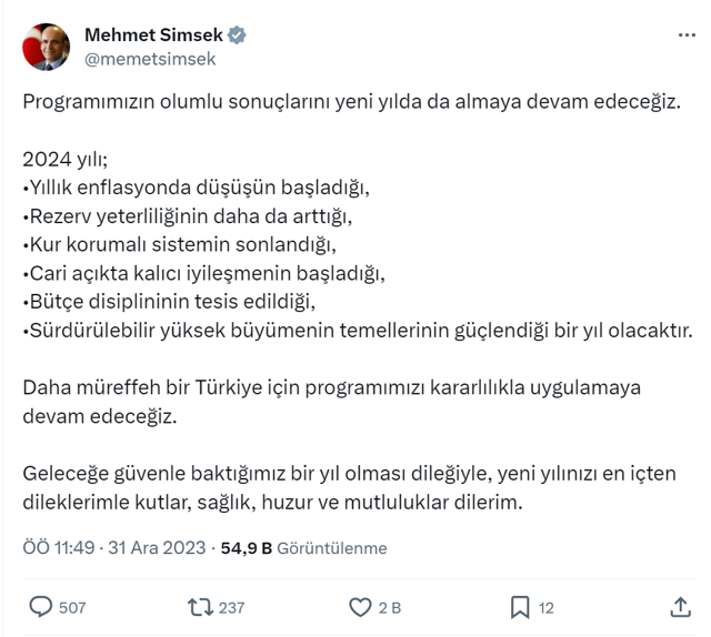 Mehmet Şimşek 2024'te ekonomide olacakları 6 maddede sıraladı! İşte Şimşek'in 2024 beklentileri... - Resim: 0