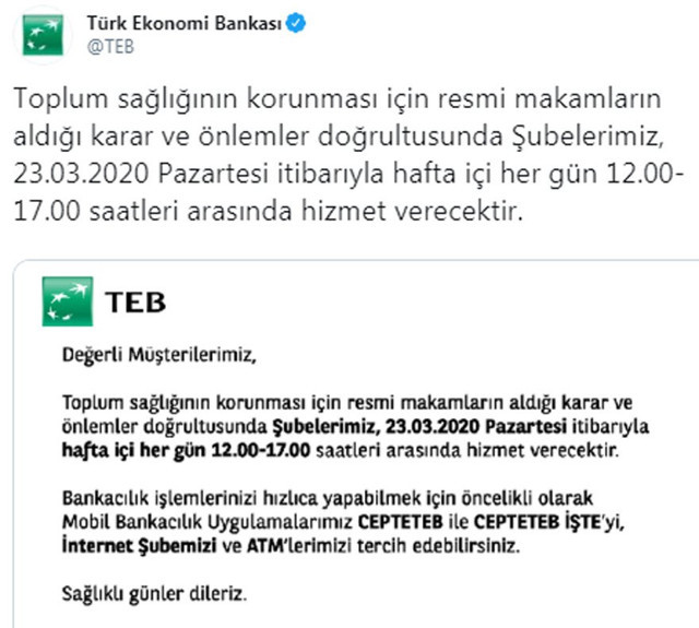 TEB saat kaçta açılacak TEB çalışma saatleri yenilendi 2020 - Resim: 0