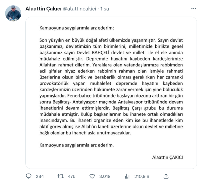 Alaattin Çakıcı tribünde 'hükümet istifa' tezahüratı atanları 'ihanet'le suçladı! 'Asla unutulmayacak' - Resim: 0