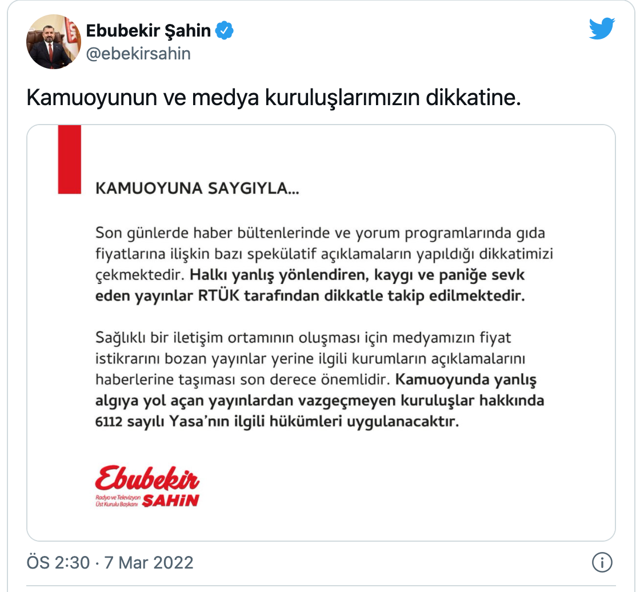 RTÜK Başkanı Ebubekir Şahin, "kanalların gıda zamlarıyla ilgili haberleri takipte" dedi - Resim: 0