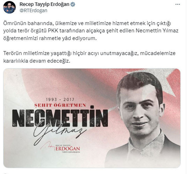 Cumhurbaşkanı Erdoğan, şehit öğretmen Necmettin Yılmaz'ı andı - Resim: 0