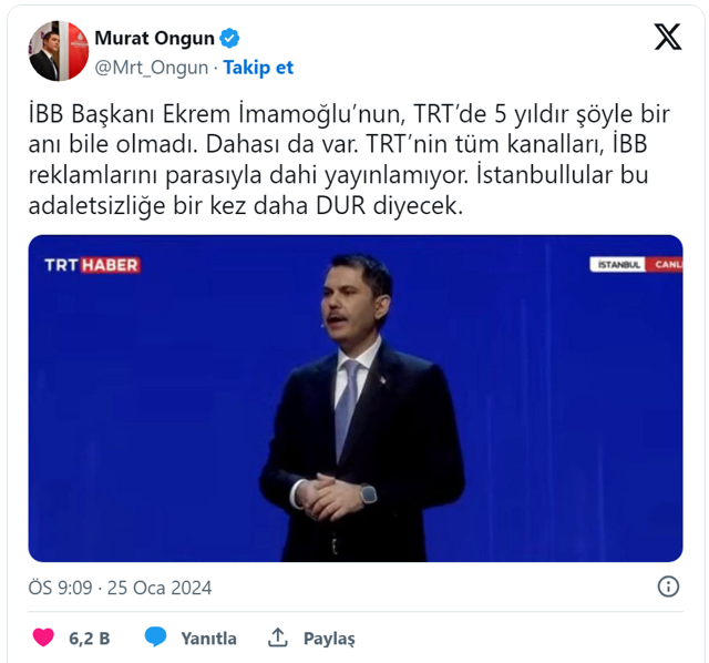 Ekrem İmamoğlu'nun danışmanı Murat Ongun'dan TRT'ye suçlama! Para ile bile reklamımızı yayınlamıyorlar - Resim: 0