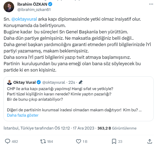 İYİ Parti'de sert kavga! Oktay Vural 'Sen kimsin' diye sordu, İbrahim Özkan öyle bir cevap verdi ki... - Resim: 1