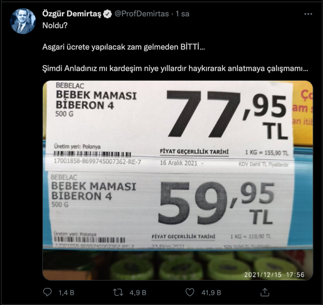 Özgür Demirtaş bebek maması etiketi paylaşıp "Asgari ücrete yapılacak zam gelmeden bitti" dedi - Resim: 0