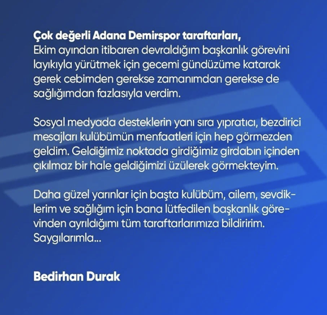 Adana Demirspor Başkanı Bedirhan Durak istifa etti - Resim: 0