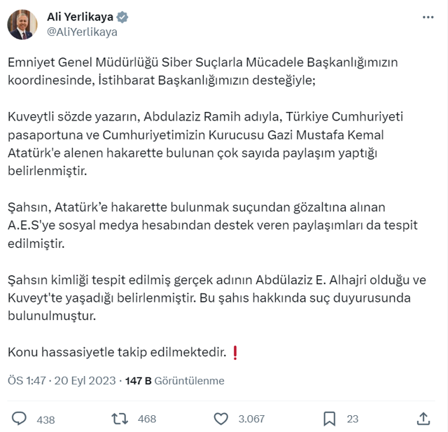 İçişleri Bakanı Yerlikaya duyurdu: Atatürk'e hakaret eden Kuveytli hakkında suç duyurusu - Resim: 0