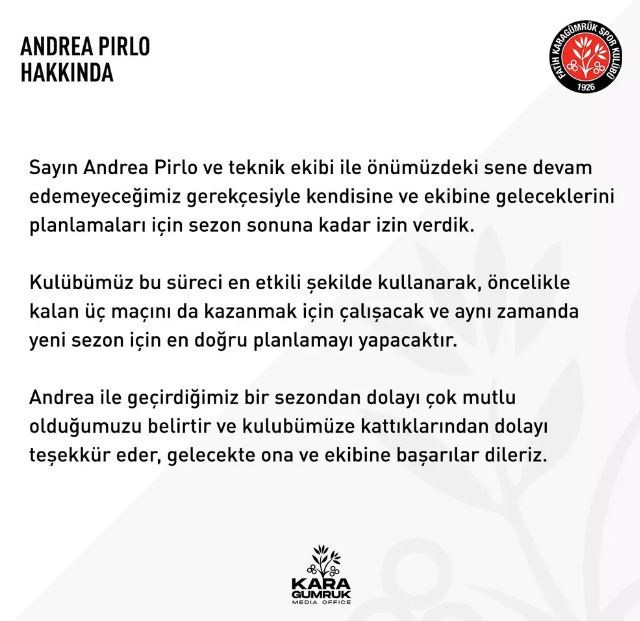 Fatih Karagümrük, Andrea Pirlo ile yollarını ayırdı! Karadeniz ekibi talip oldu - Resim: 0