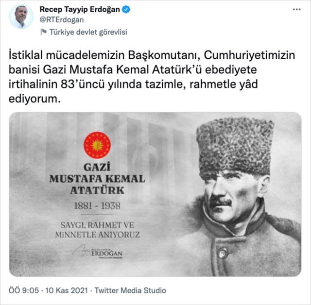 Cumhurbaşkanı Erdoğan, Atatürk'ü saat 09.05'te paylaştığı mesajla andı - Resim: 0