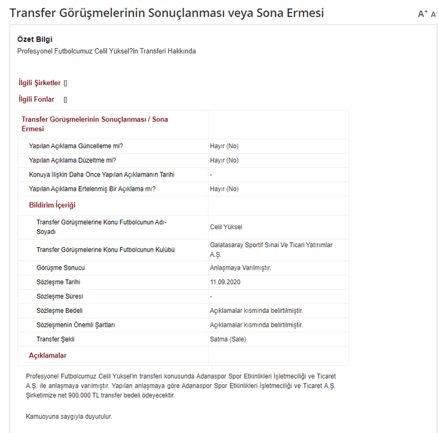 Galatasaray'dan KAP bildirisi: Celil Yüksel - Resim: 0