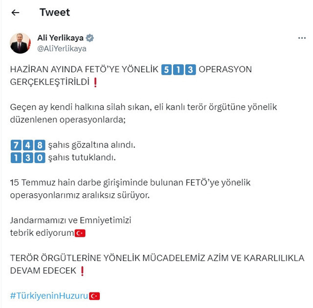 FETÖ'ye Haziran darbesi! Bakan Yerlikaya duyurdu: 513 operasyonda 130 FETÖ'cü tutuklandı! - Resim: 0