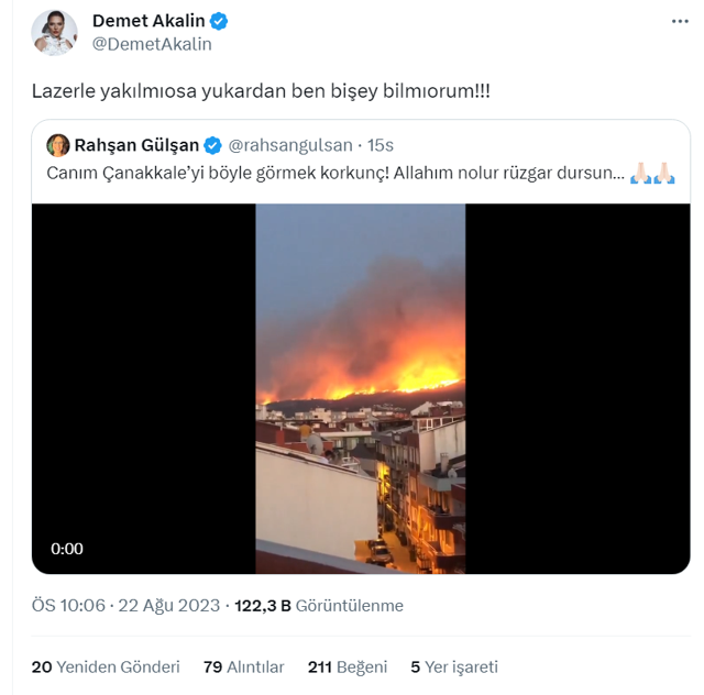 Demet Akalın: Çanakkale orman yangını havadan lazerle başlatıldı - Resim: 0