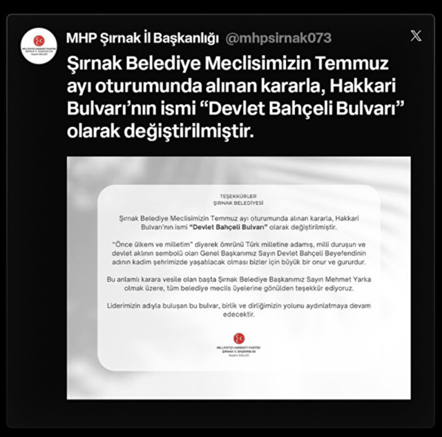 Şırnak'ta bir bulvara MHP Genel Başkanı Devlet Bahçeli'nin adı verildi - Resim: 0
