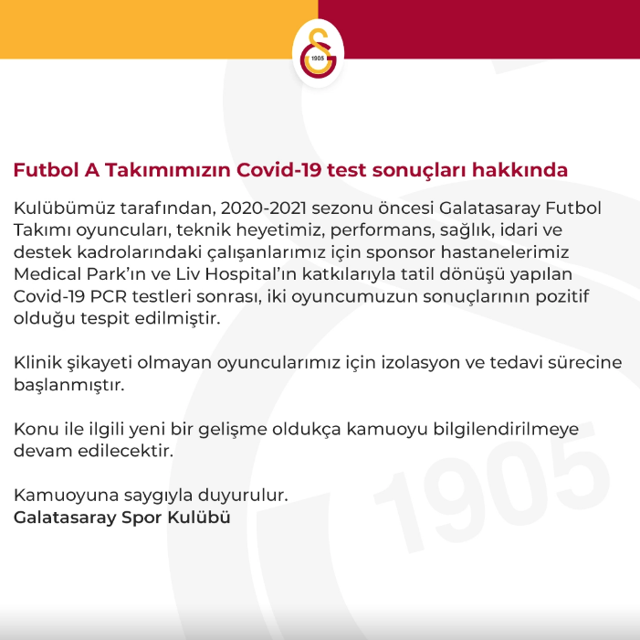 Son dakika Galatasaraylı 2 futbolcu koronavirüse yakalandı kulüp açıkladı - Resim: 0