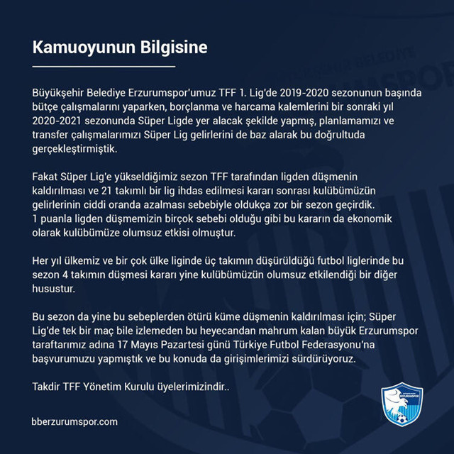 BB Erzurumspor'dan TFF'ye başvuru: Süper Lig'de küme düşme kaldırılsın - Resim: 0
