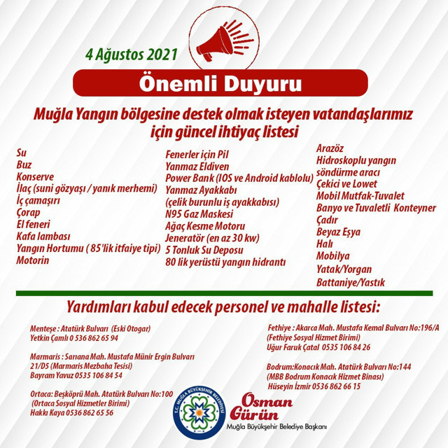 Muğla Büyükşehir Belediye Başkanı Osman Gürün ihtiyaç listesi paylaştı - Resim: 0