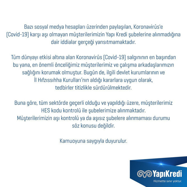 Aşı olmayanlar bankaya alınmayacak mı? Olay iddiaya Yapı Kredi'den açıklama - Resim: 0