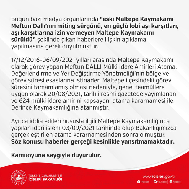 İçişleri Bakanlığı açıklama yaptı: Maltepe Kaymakamı aşı karşıtlarının mitingine izin vermediği için sürüldü mü? - Resim: 0