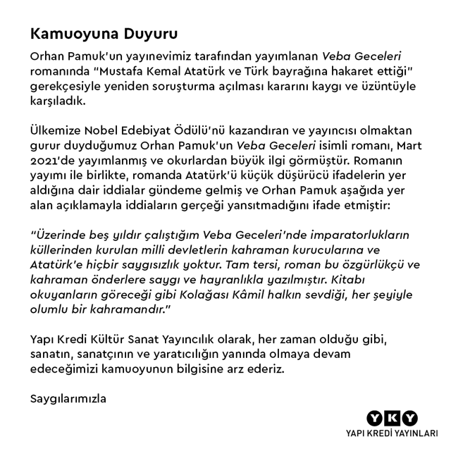Yapı Kredi Yayınları'ndan Orhan Pamuk açıklaması Veba Geceleri'nde Atatürk'e hakaret var mı? - Resim: 0