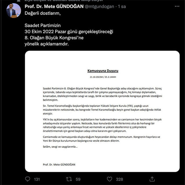 Saadet Partisi'nde flaş gelişme! Mete Gündoğan genel başkan adaylığından çekildi - Resim: 0