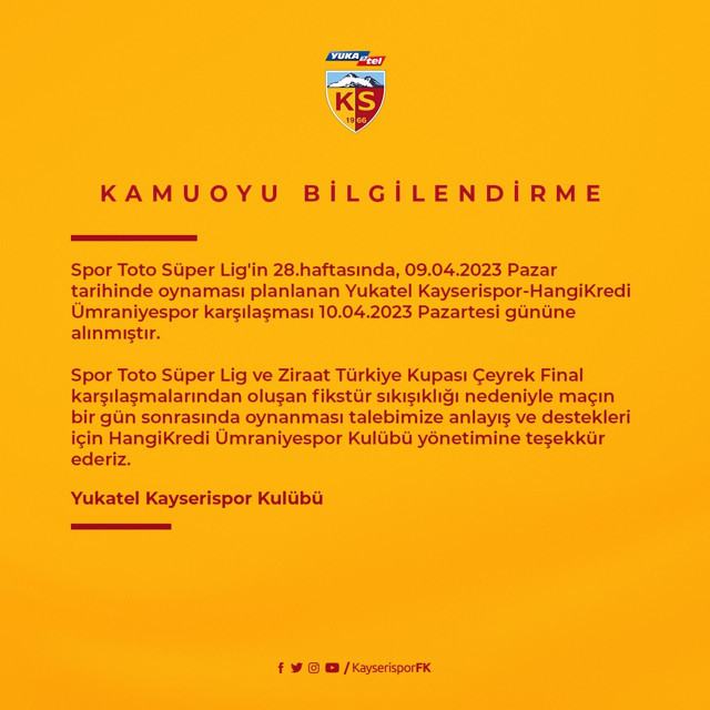 Kayserispor- Ümraniyespor Süper Lig maçının tarihi değişti - Resim: 0