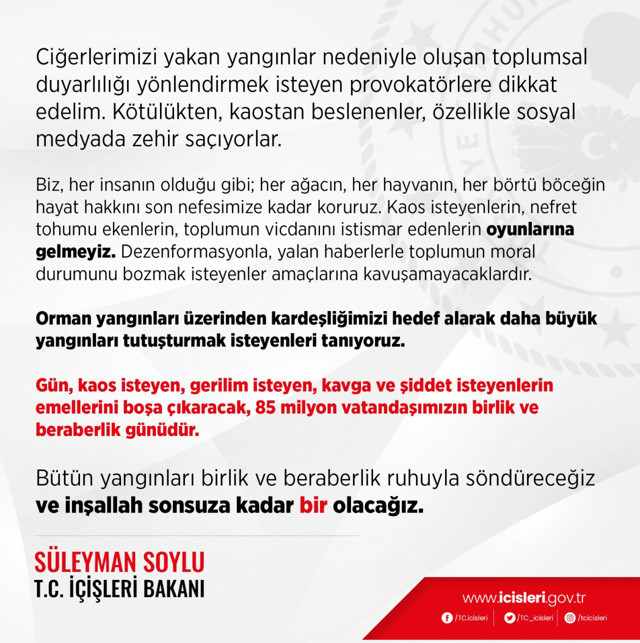 İçişleri Bakanı Soylu orman yangınları üzerinden yapılacak provokasyona karşı uyardı: - Resim: 0
