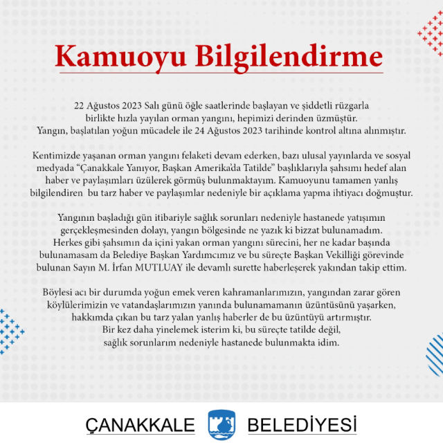 Tatile çıktığı iddia edilmişti! Çanakkale belediye başkanı yangından günler sonra açıklama yaptı - Resim: 1