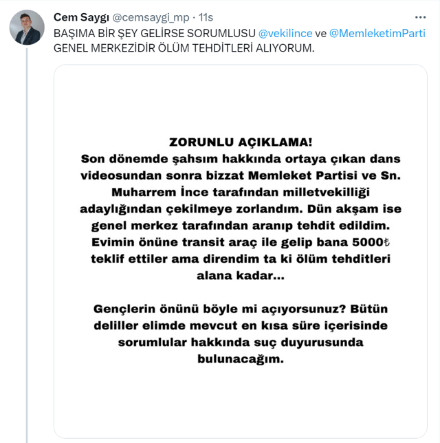 Memleket Partisi'nde dans krizi! Cem Saygı 'tehdit edildim, 5 bin TL teklif ettiler' deyip istifa etti - Resim: 1