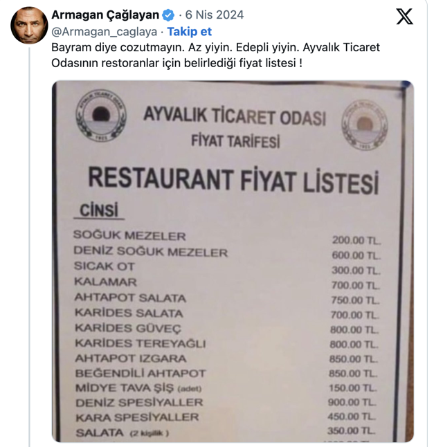 Armağan Çağlayan'dan restoran fiyatlarına tepki: Bayram diye cozutmayın - Resim: 0