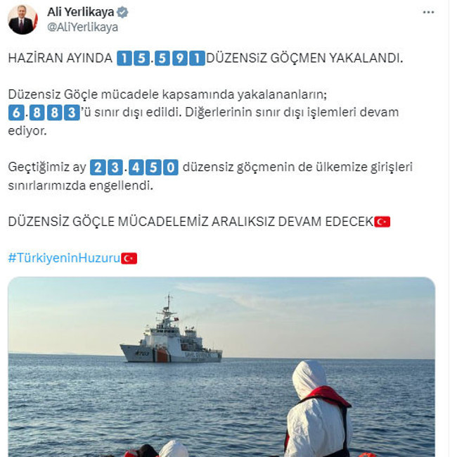 Bakan Ali Yerlikaya: Haziran ayında 15 bin 591 düzensiz göçmen yakalandı - Resim: 0