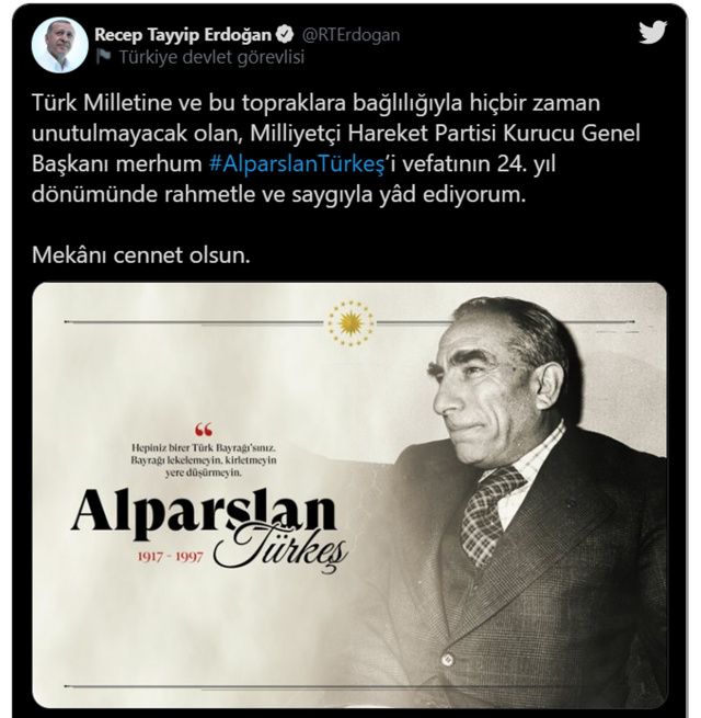 Cumhurbaşkanı Erdoğan'dan Alparslan Türkeş paylaşımı - Resim: 0
