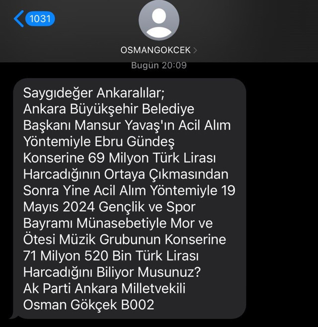 ABB'den Osman Gökçek'in gönderdiği "Ebru Gündeş konseri" SMS'sine aynı yöntemle cevap - Resim: 0