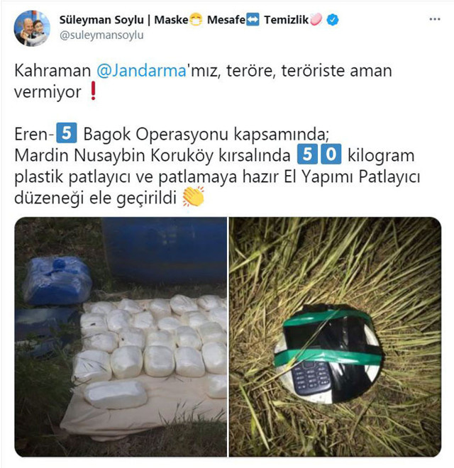 İçişleri Bakanı Süleyman Soylu: Mardin'de 50 kilo plastik patlayıcı ele geçirildi - Resim: 0