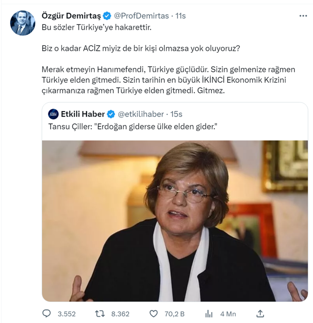 Tansu Çiller 'Erdoğan giderse ülke elden gider" mi dedi? Özgür Demirtaş ne cevap verdi? - Resim: 0