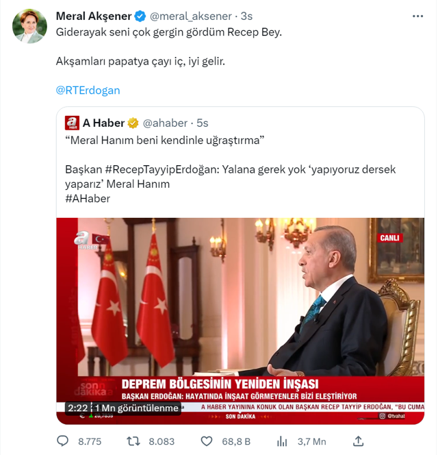 Meral Akşener'den Cumhurbaşkanı Erdoğan'a cevap: Giderayak çok gerginsin papatya çayı iç - Resim: 0