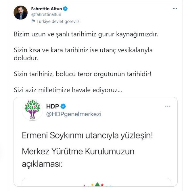 İletişim Başkanı Fahrettin Altun'dan Ermeni soykırım yalanına destek çıkan HDP'ye sert tepki - Resim: 0