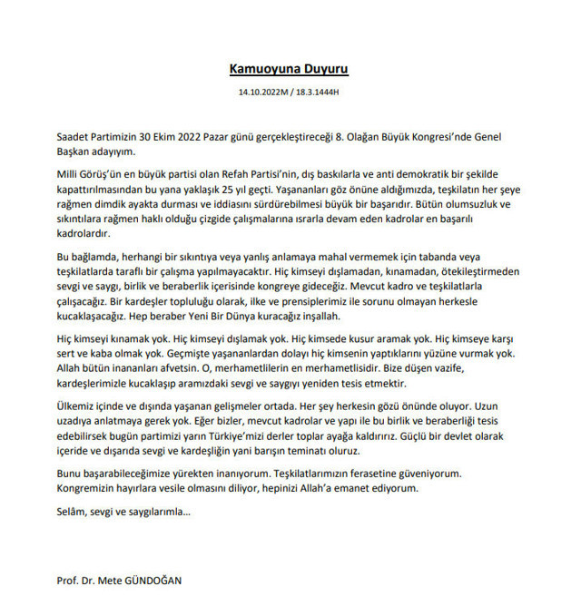 Saadet Partisi kongresinde aday olacak Temel Karamollaoğlu'na rakip çıktı - Resim: 1