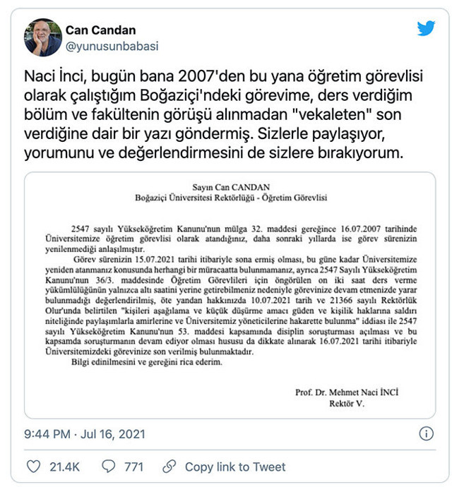 Boğaziçi Üniversitesi'nde yeni rektör Prof. Dr. Naci İnci, Can Candan'ın derslerine son verdi - Resim: 0