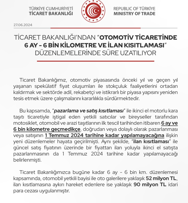 Ticaret Bakanlığı'ndan flaş açıklama! Otomotivde 6 ay 6 bin kilometre düzenlemesi uzatıldı - Resim: 0