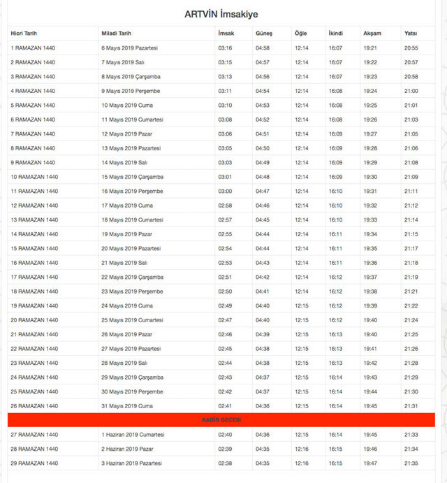 artvin imsakiye diyanet 2019 ramazan iftar sahur