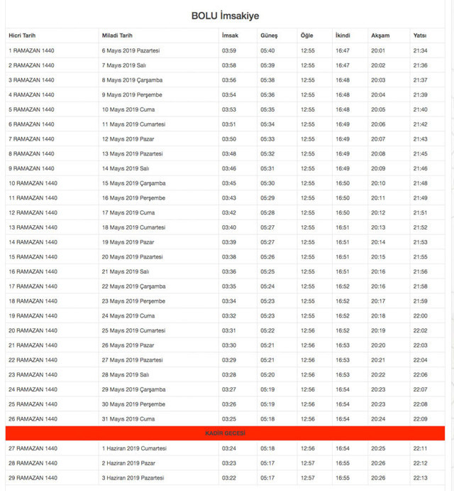 bolu imsakiye 2019 diyanet imsak-sahur iftar vakti 