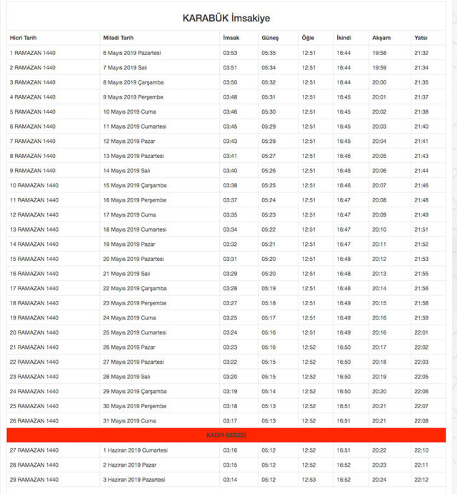 Karabük İmsakiye 2019 Diyanet imsakiyesi sahur imsak vakti - Resim: 0