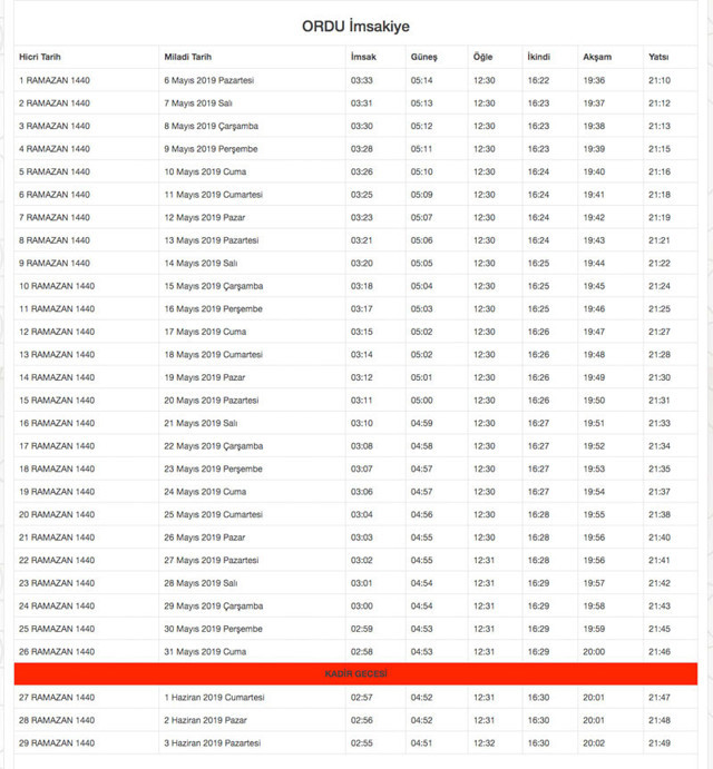 ordu imsakiye 2019 diyanet imsak-sahur iftar vakti 
