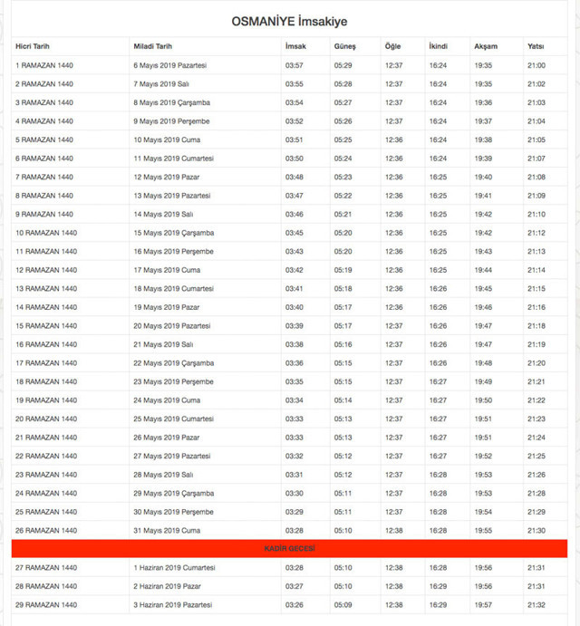 osmaniye imsakiye 2019 diyanet imsak-sahur iftar vakti