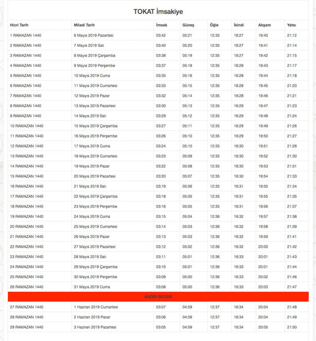tokat imsakiye 2019 diyanet imsak-sahur iftar vakti
