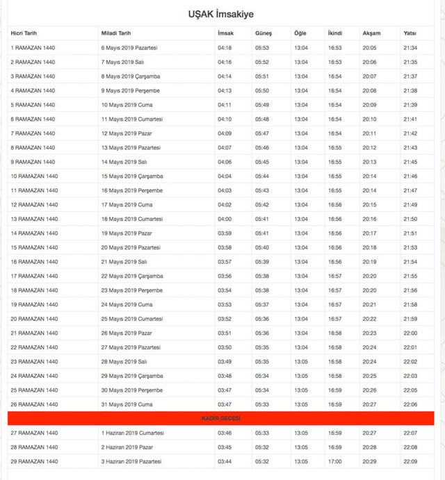 uşak imsakiye 2019 diyanet imsak-sahur iftar vakti